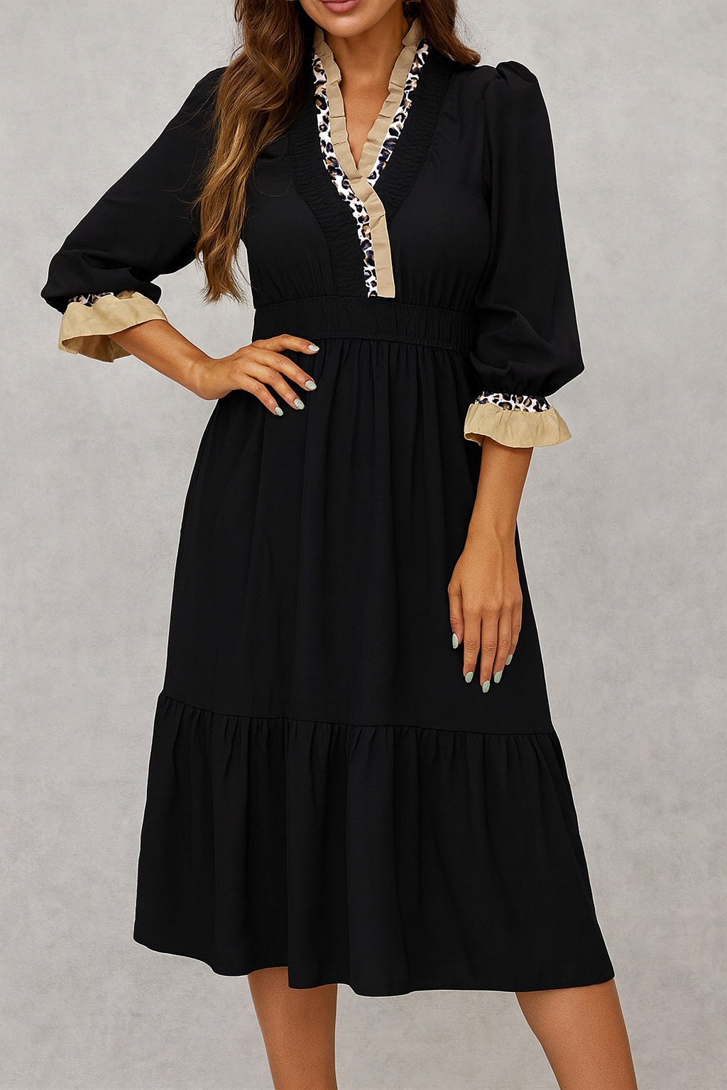 Black Leopard Frilled Midi Dress RTS