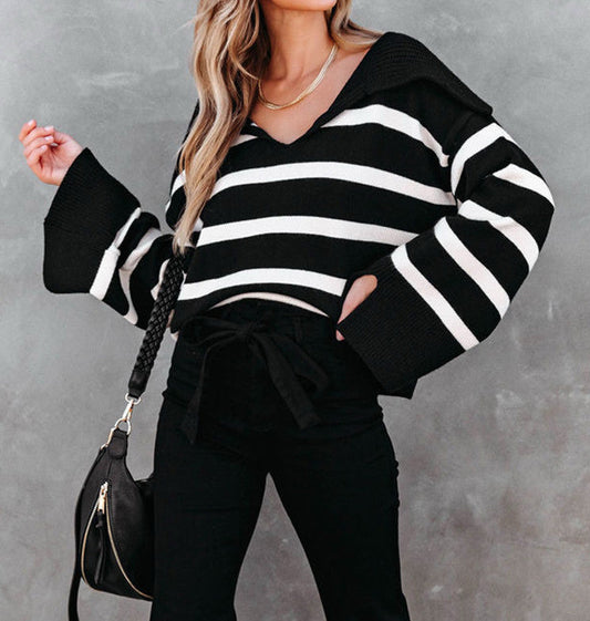 Black Striped Side Slit Sweater FB