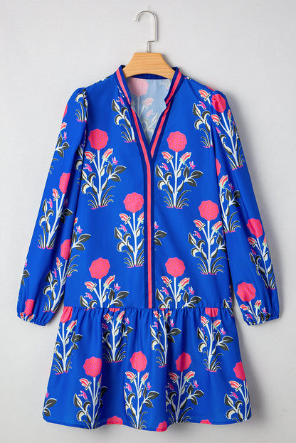 Blue Floral Notched Neck Dress RTS