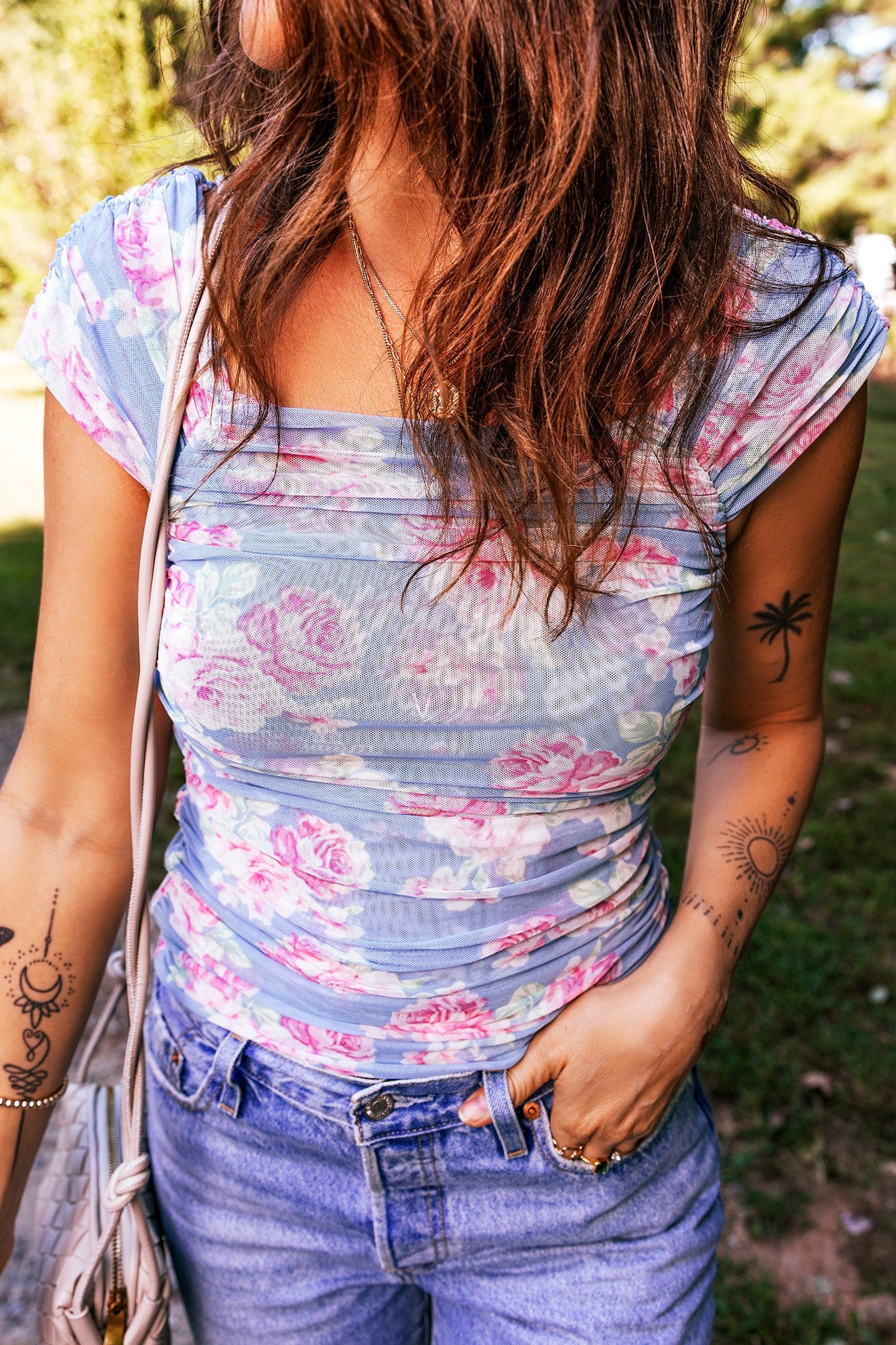 Blue Square Neck Floral Mesh Top