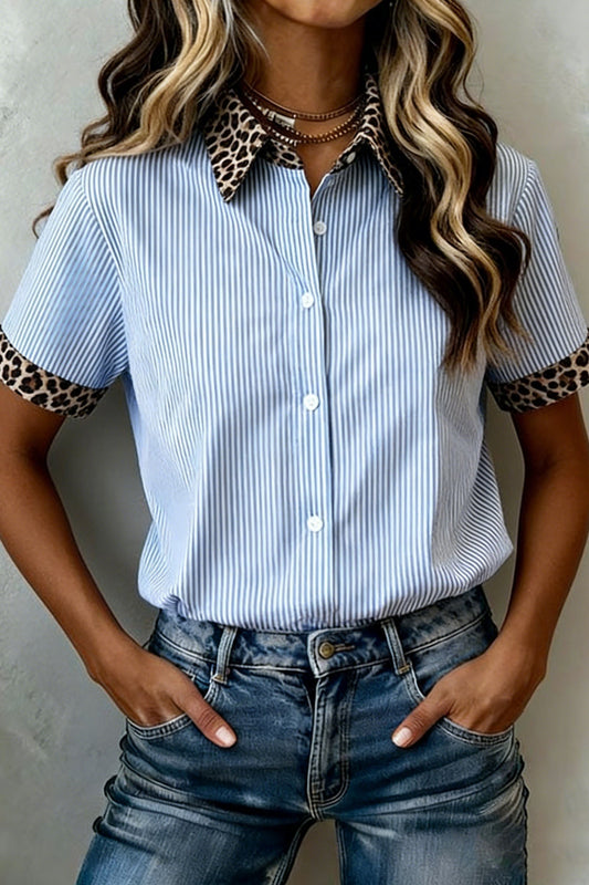 Blue Stripe Leopard Collar Blouse