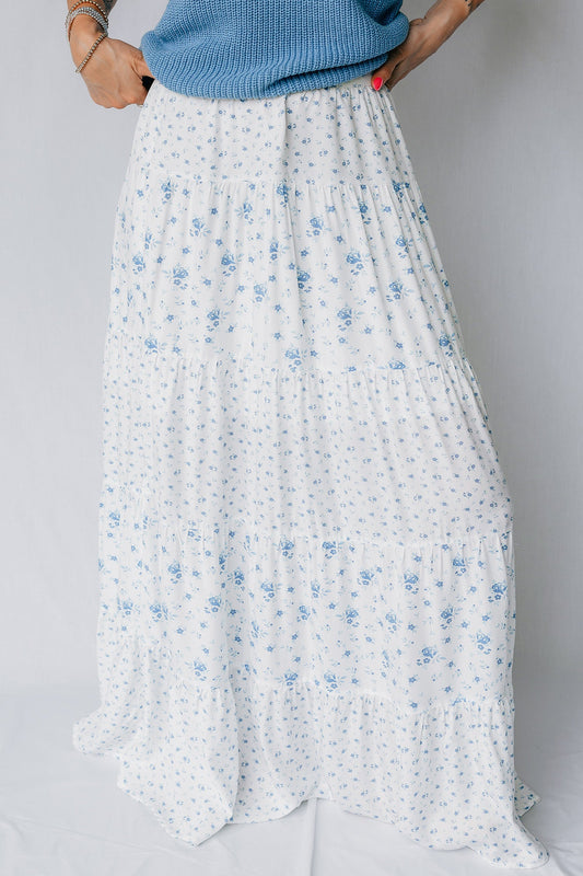 Blue Waist Floral Boho Skirt