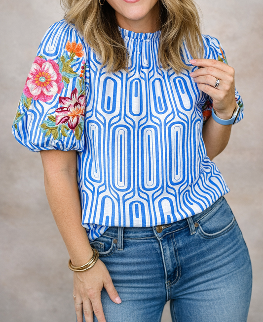 Blue Floral Embroidered Sleeve Blouse