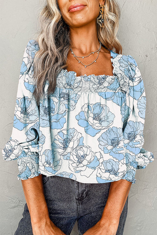 Blue Floral Square Neck Blouse August.