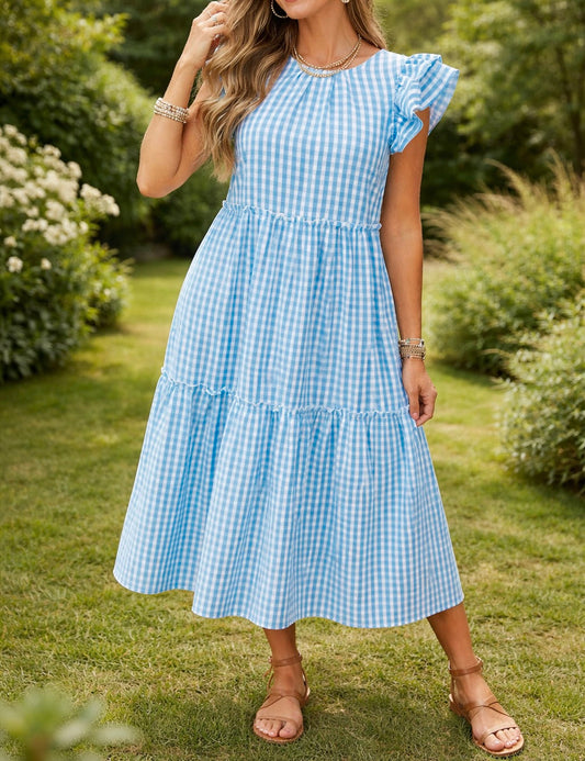 Blue Knot Back Gingham Dress New RTS