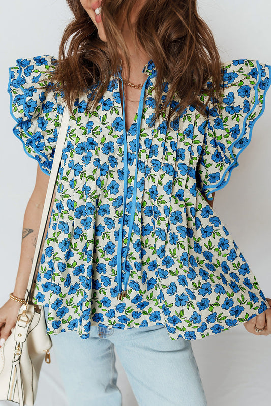 Blue Tiered Flutter Flower Blouse FB