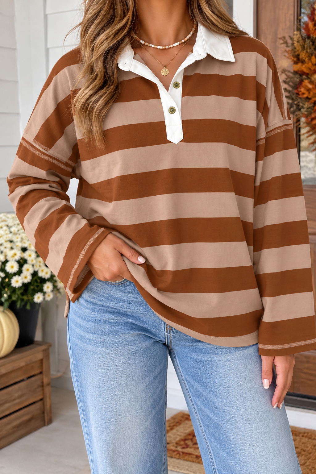 Brown Stripe Collar Top