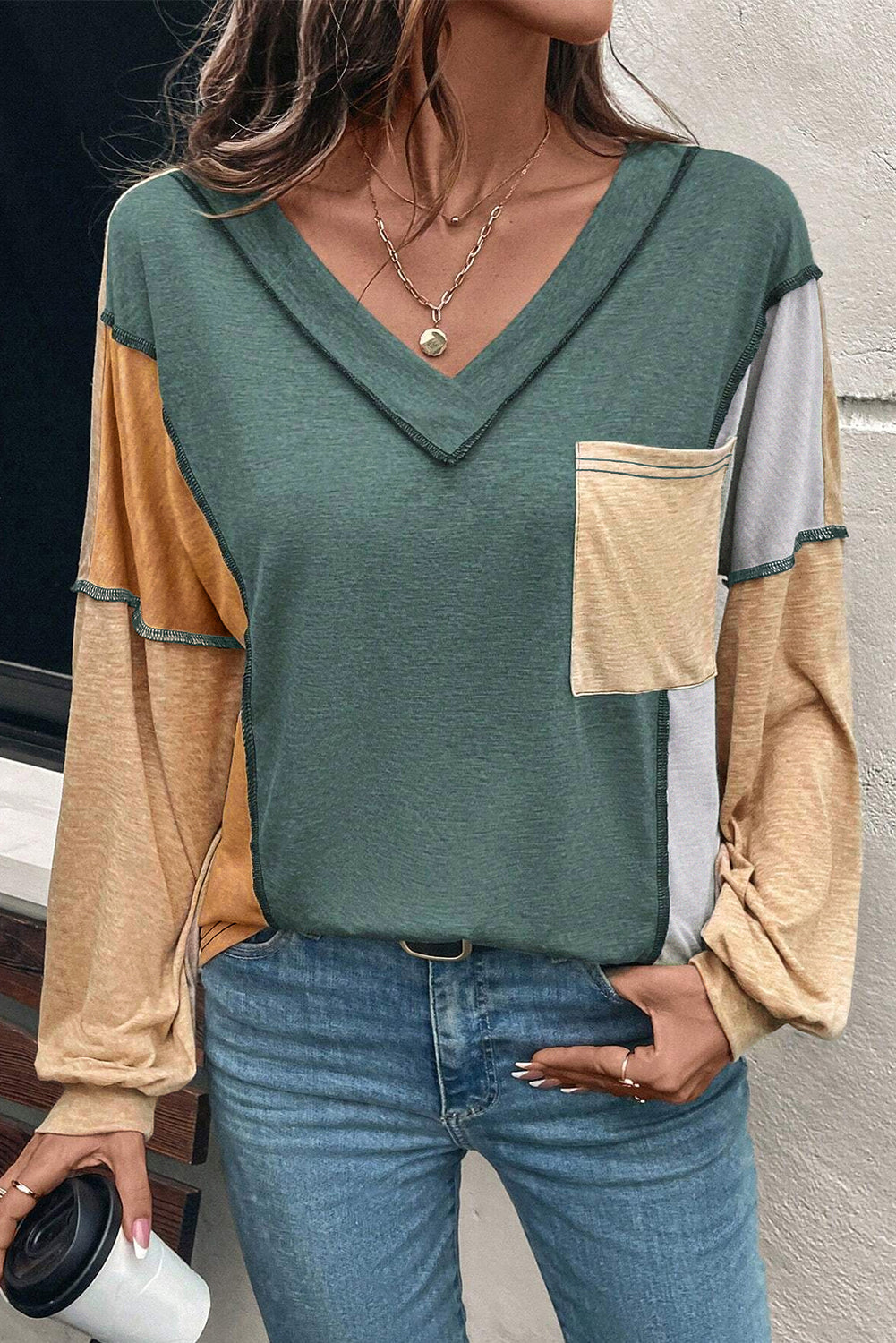 Colorblock Exposed Stitching Pocket Top RTS