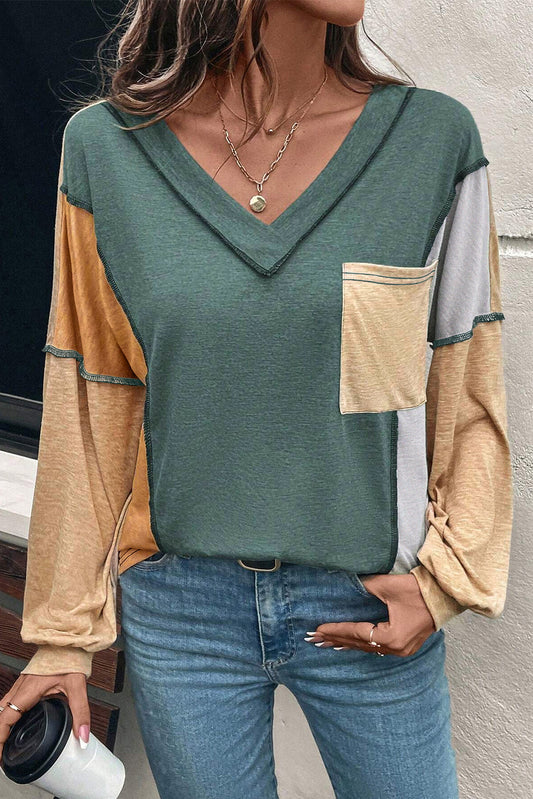 Colorblock Exposed Stitching Pocket Top RTS