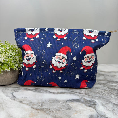 Corduroy Zip Pouch - Christmas Santa Blue