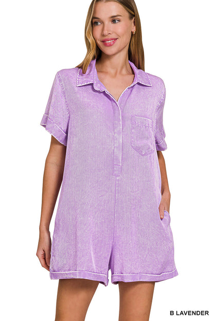 Mineral Wash Half Button Romper Zenana RTS