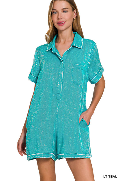 Mineral Wash Half Button Romper Zenana RTS