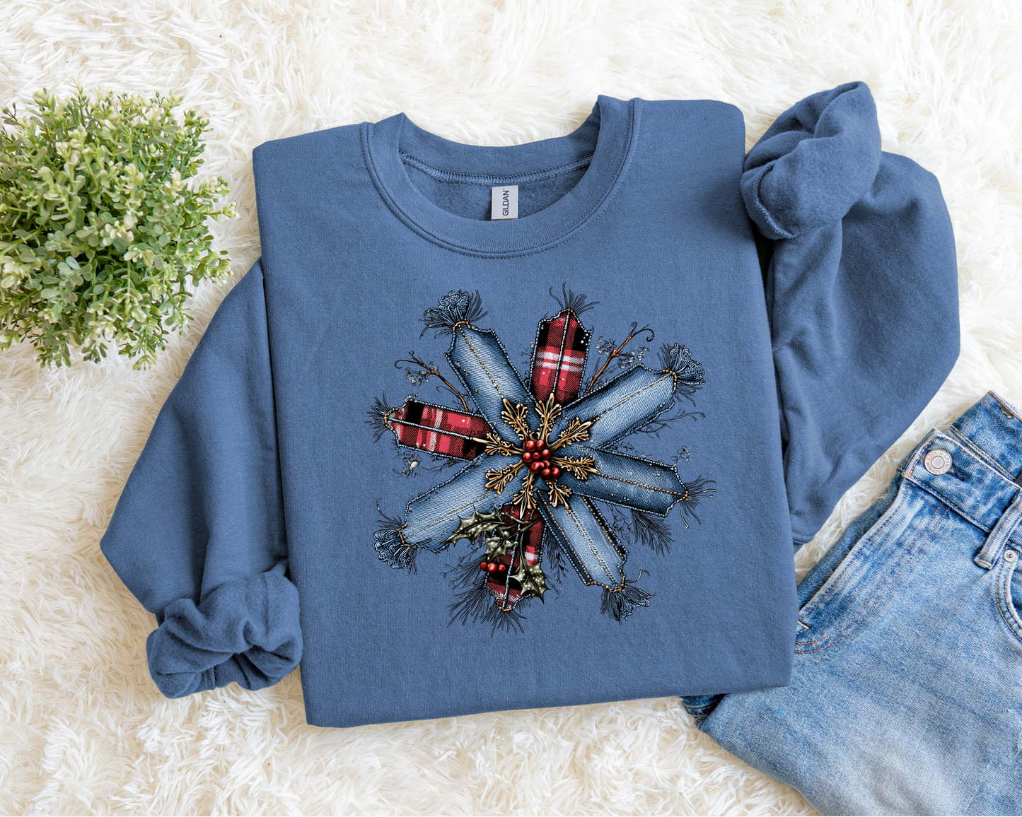 Denim Patchwork Snowflake Sweatshirt.