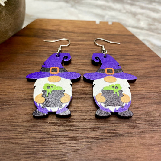 Wooden Dangle Earrings - Halloween - Gnome Cauldron