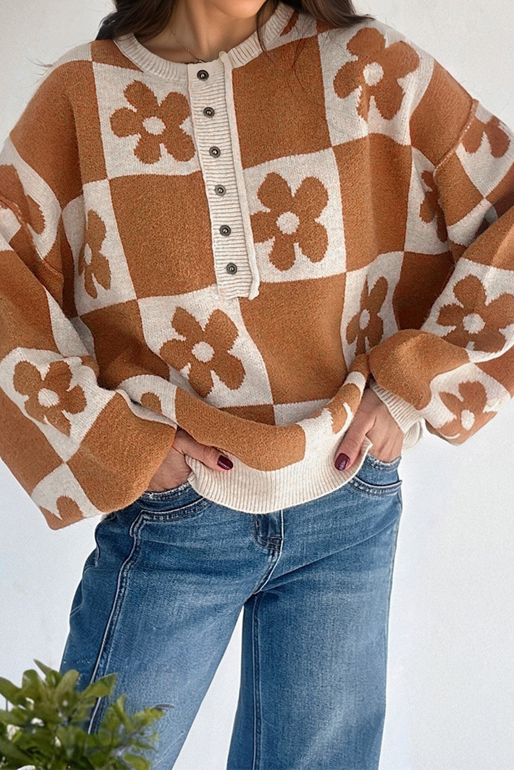 Flower Plaid Henley Sweater FB