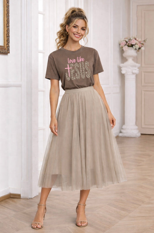 Apricot Tulle Midi Skirt