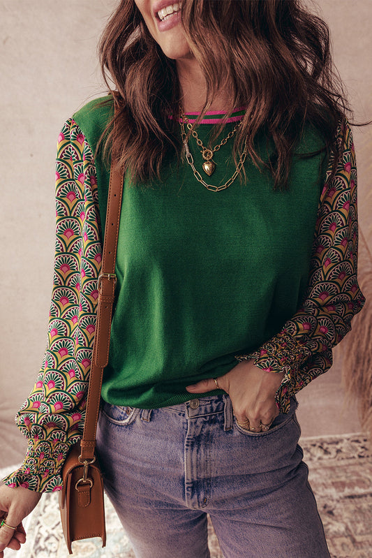 Green Floral Shirred Cuff Top August.