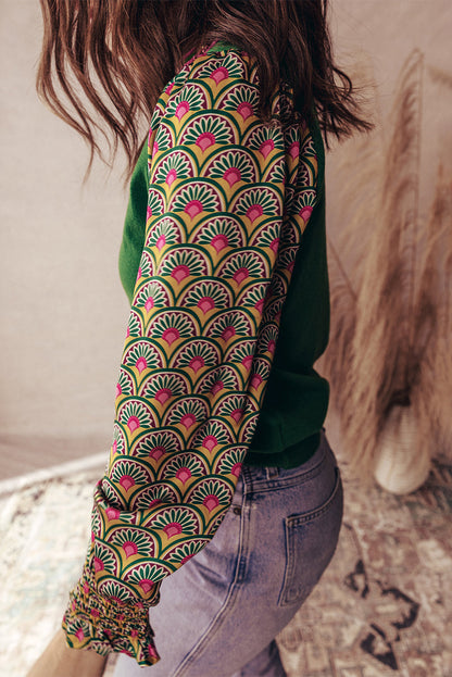 Green Floral Shirred Cuff Top August.