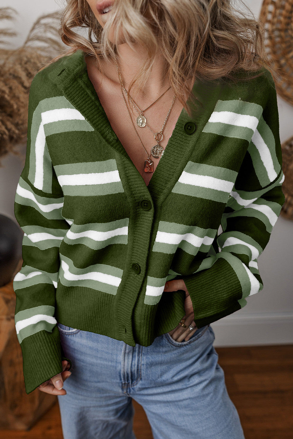 Green Stripe Cardigan Sweater FB