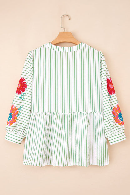 Green Stripe Flower Babydoll Blouse