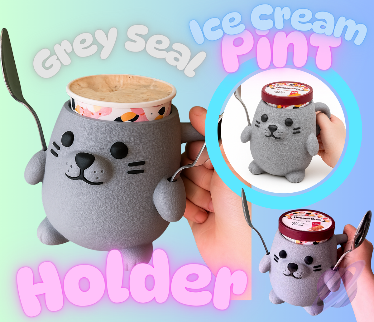 GREY SEAL- 3D PRINTED ICE CREAM PINT HOLDER