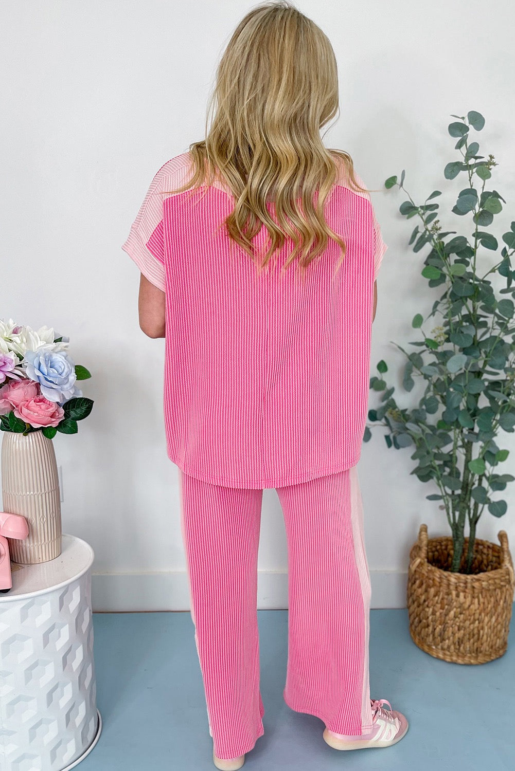 Pink Corded Patchwork Pants Set FB