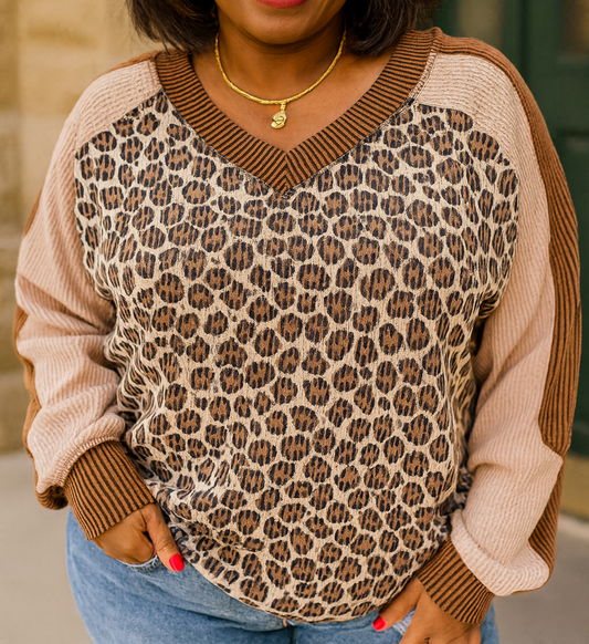 Leopard Ribbed Plus Size Pullover RTS