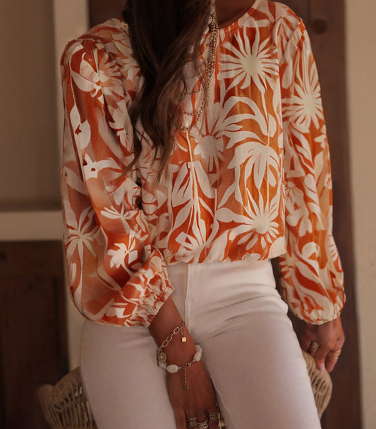 Orange Floral Open Back Blouse FB