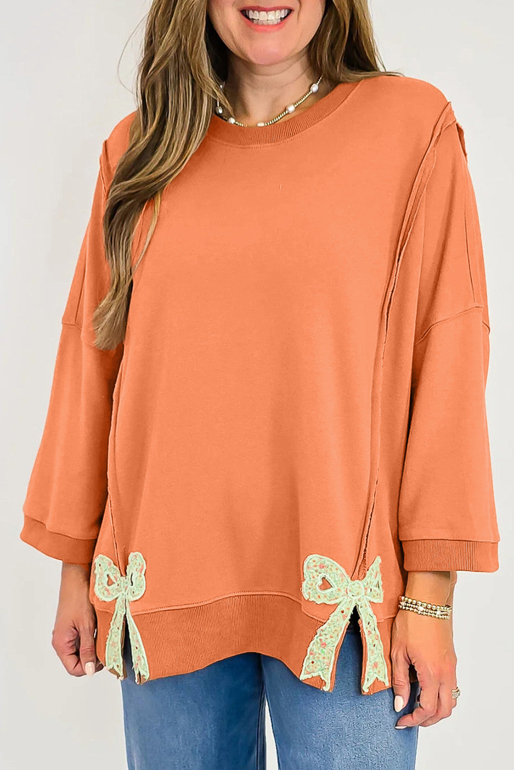 Orange Floral Bow Slit Sweatshirt LT