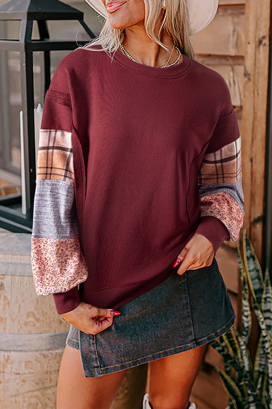Plaid Patchwork Raw Seam Sweatshirt FB