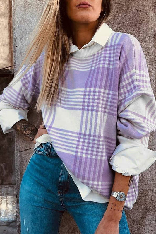 Purple Plaid Loose Sweater FB