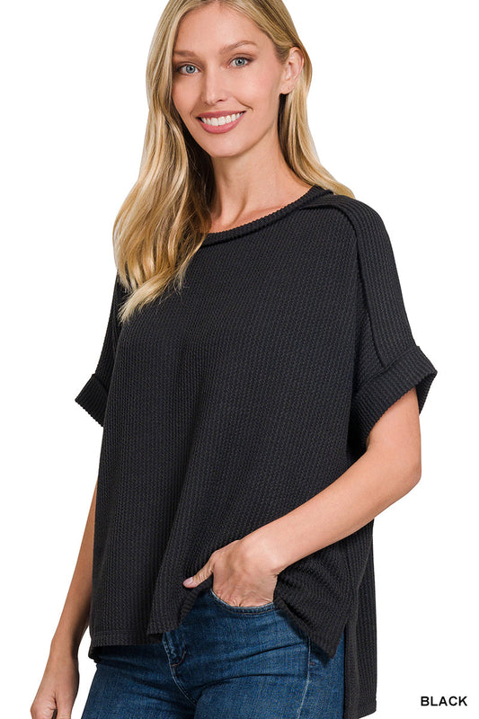 Raised-Rib Cuff Sleeve Top Zenana RTS