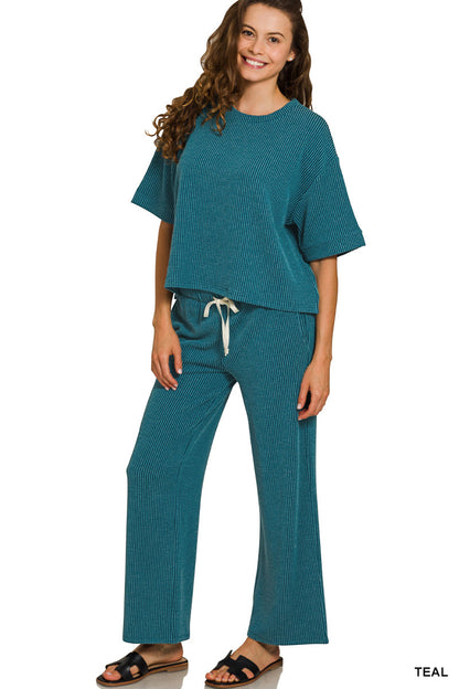 Raised-Rib Short Tee Pants Set Zenana RTS