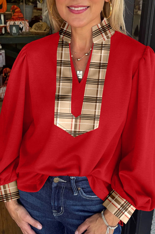 Red Plaid V Neck Blouse December.