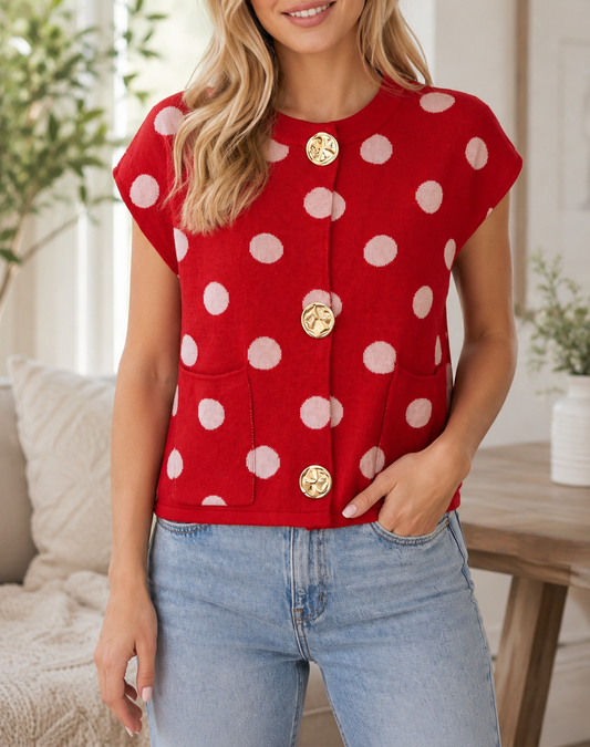 Red Polka Dot Button Vest