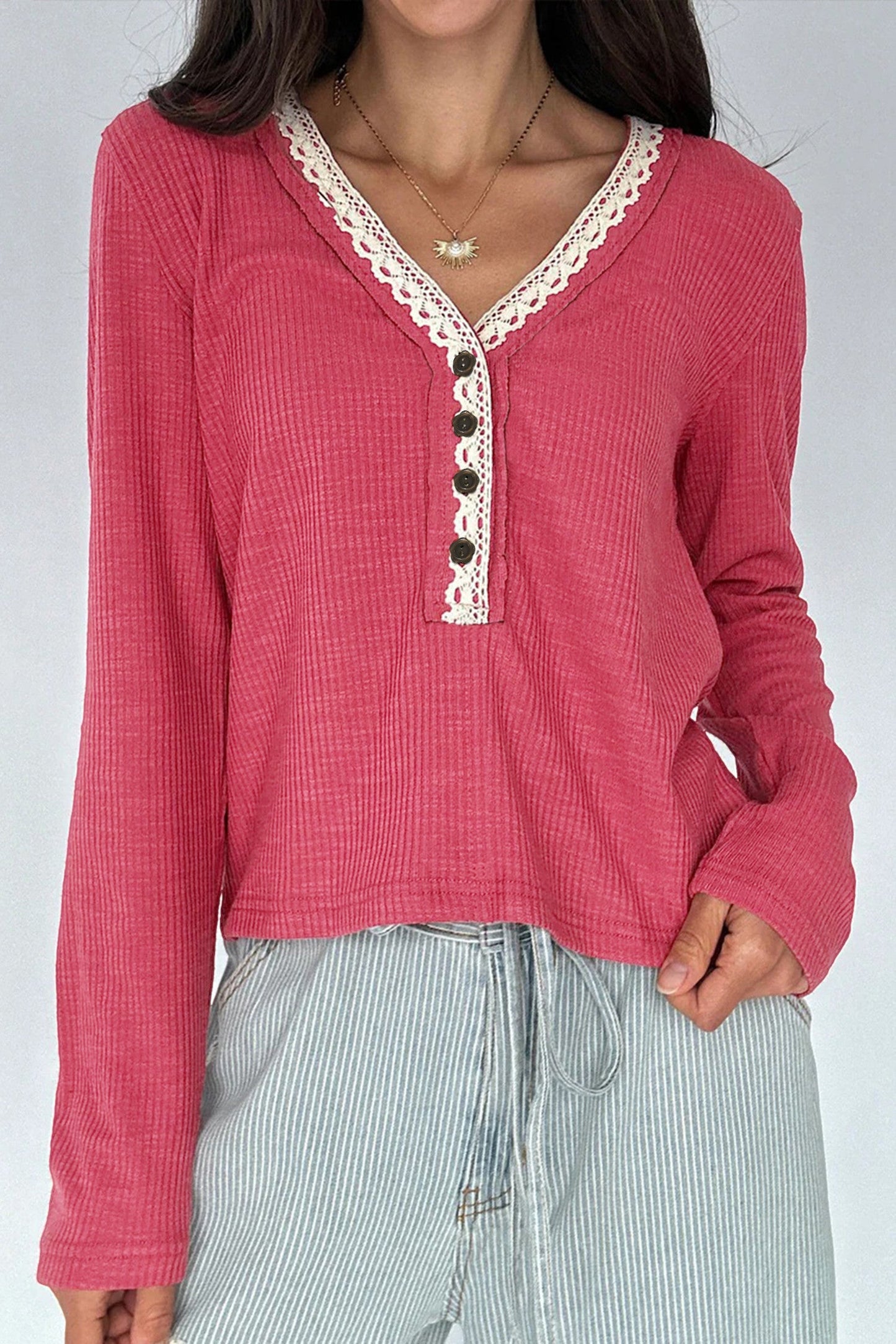 Red Ribbed Lace Trim Top FB