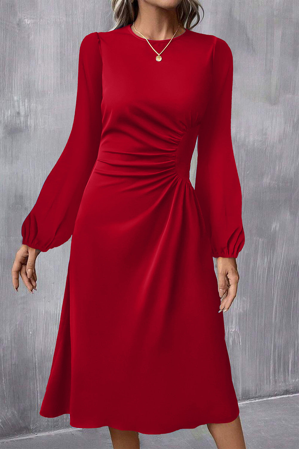 Red Ruched Midi Dress FB