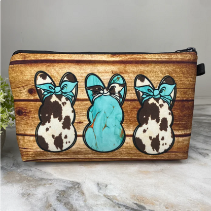Pouch - Easter - Turquoise Wood Cow Bunnies