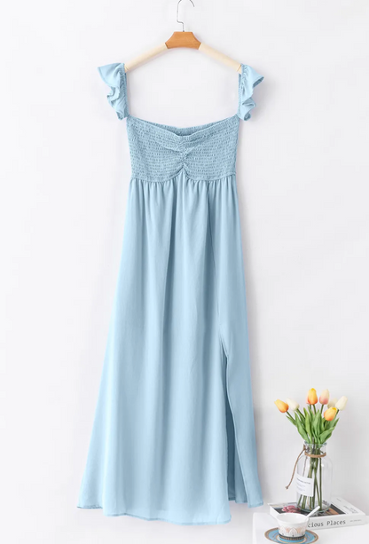 Sky Blue Off Shoulder Ruched Bust Maxi Dress