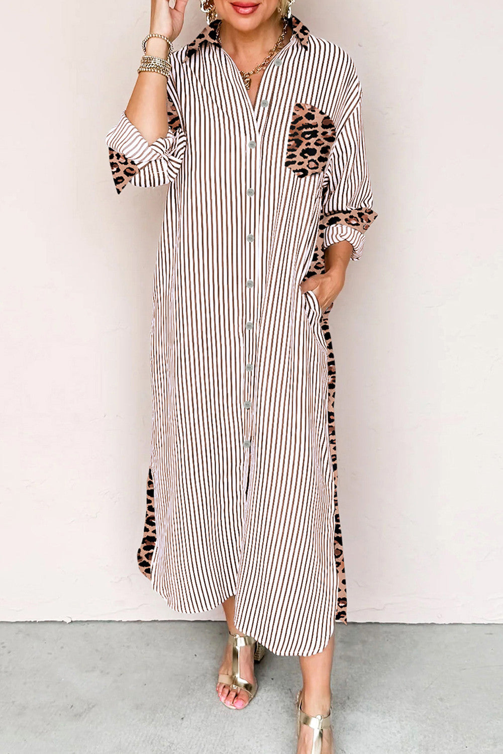 Stripe Leopard Button Dress Slits RTS