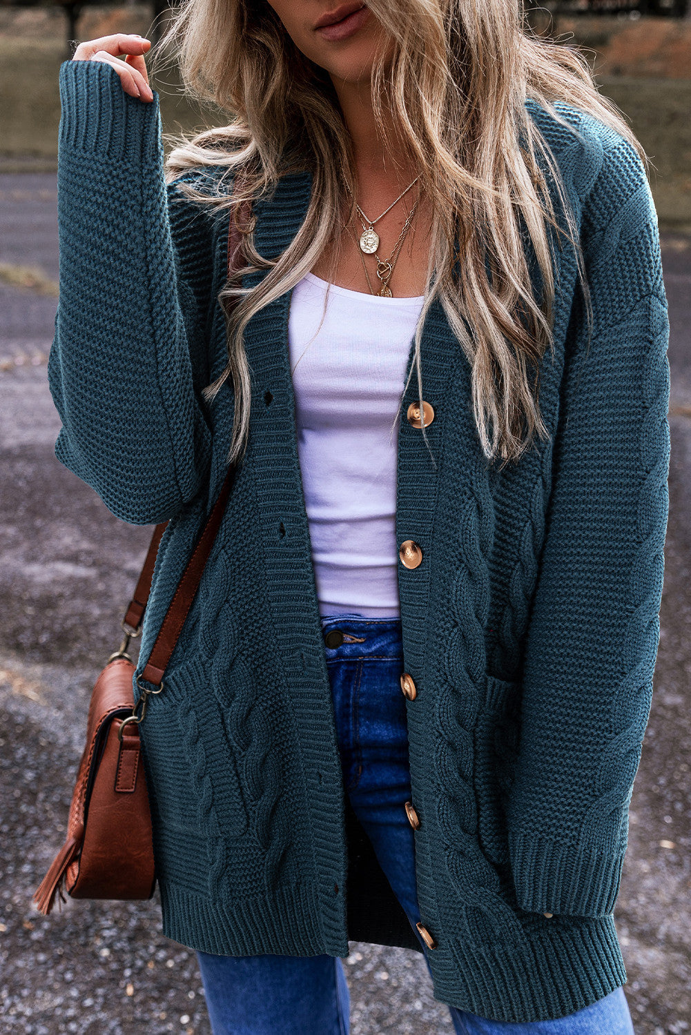 Teal Cable Knit Baggy Cardigan FB