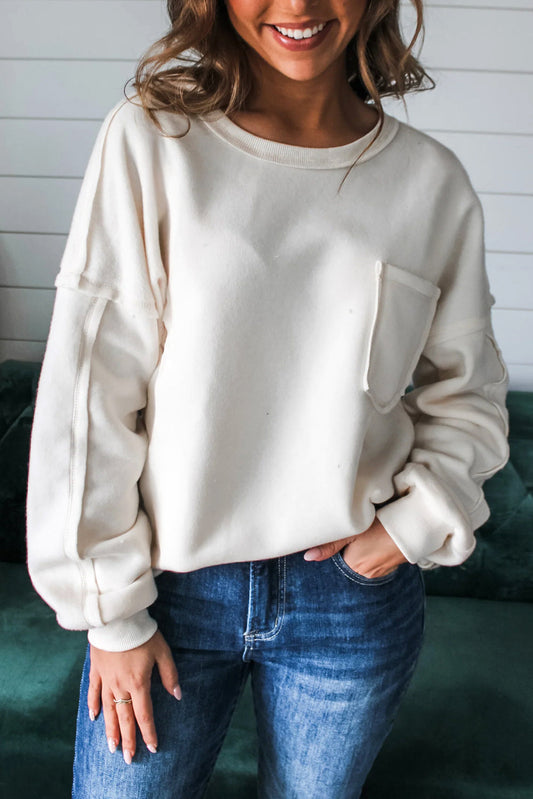 White Exposed Seam Knit Sweatshirt FB