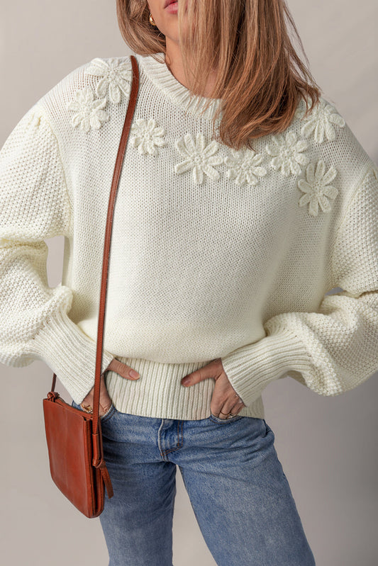 White Flower Textured Sweater FB