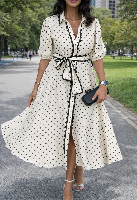 White Polka Dot Belted Midi Dress New RTS