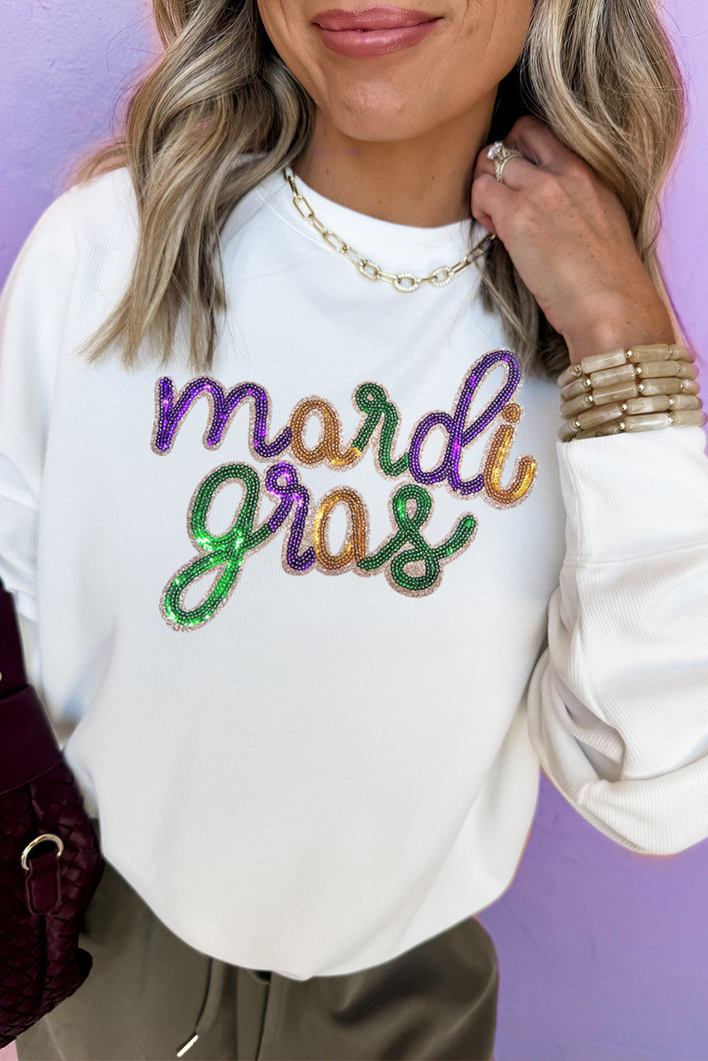 White Sequined Mardi Gras Sweatshirt FB