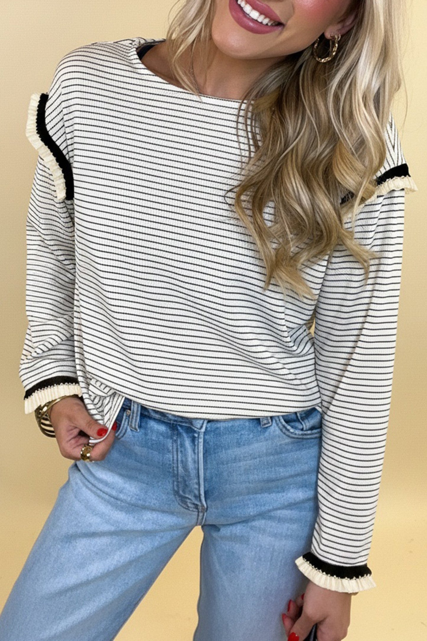White Stripe Ruffle Top LT