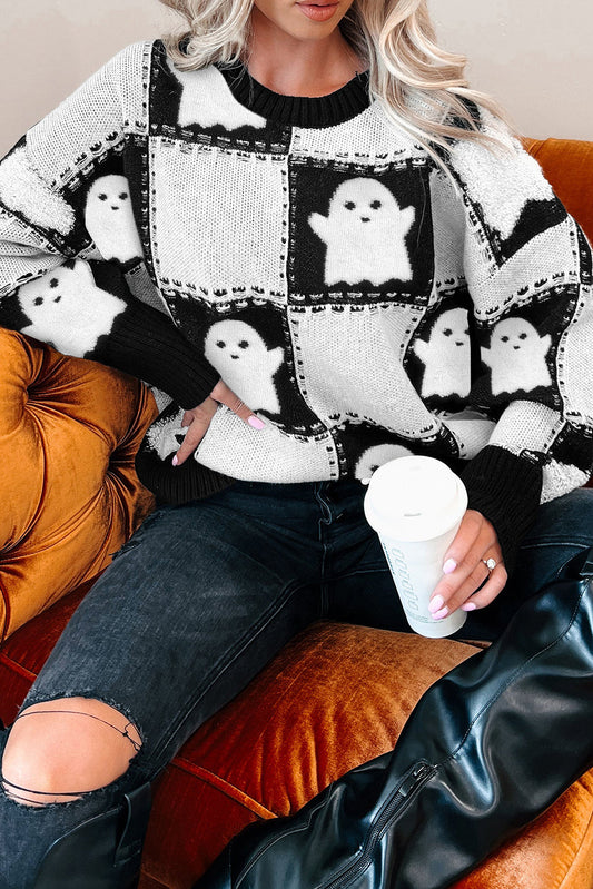 Black Halloween Ghost Checkered Sweater FB