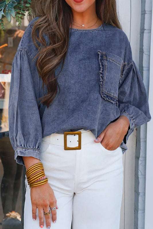Sky Blue Ruffled Denim Blouse FB