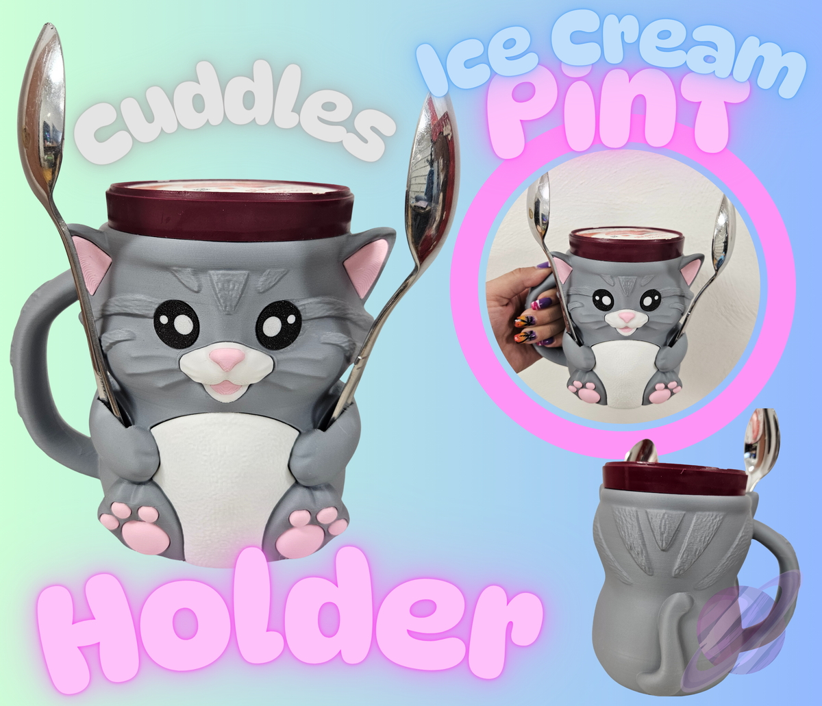 CUDDLES THE CAT- 3D PRINTED ICE CREAM PINT HOLDER