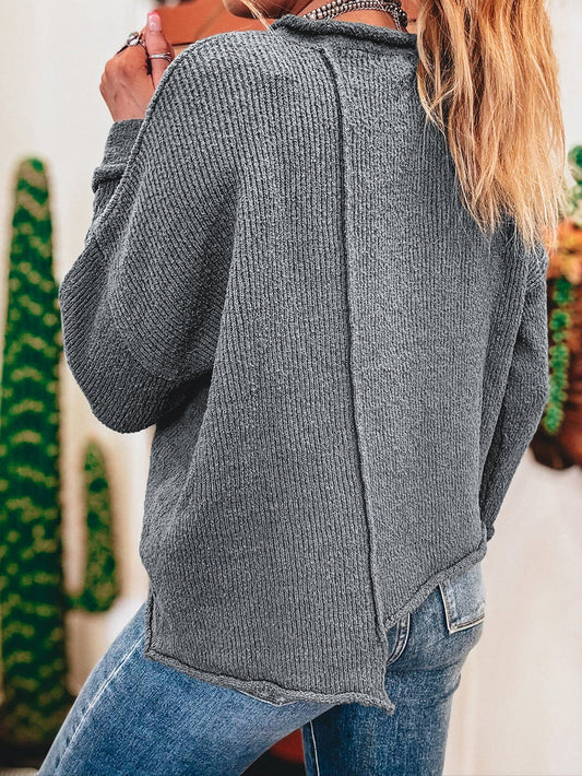 Grey Raw Edge Uneven Hem Sweater August.